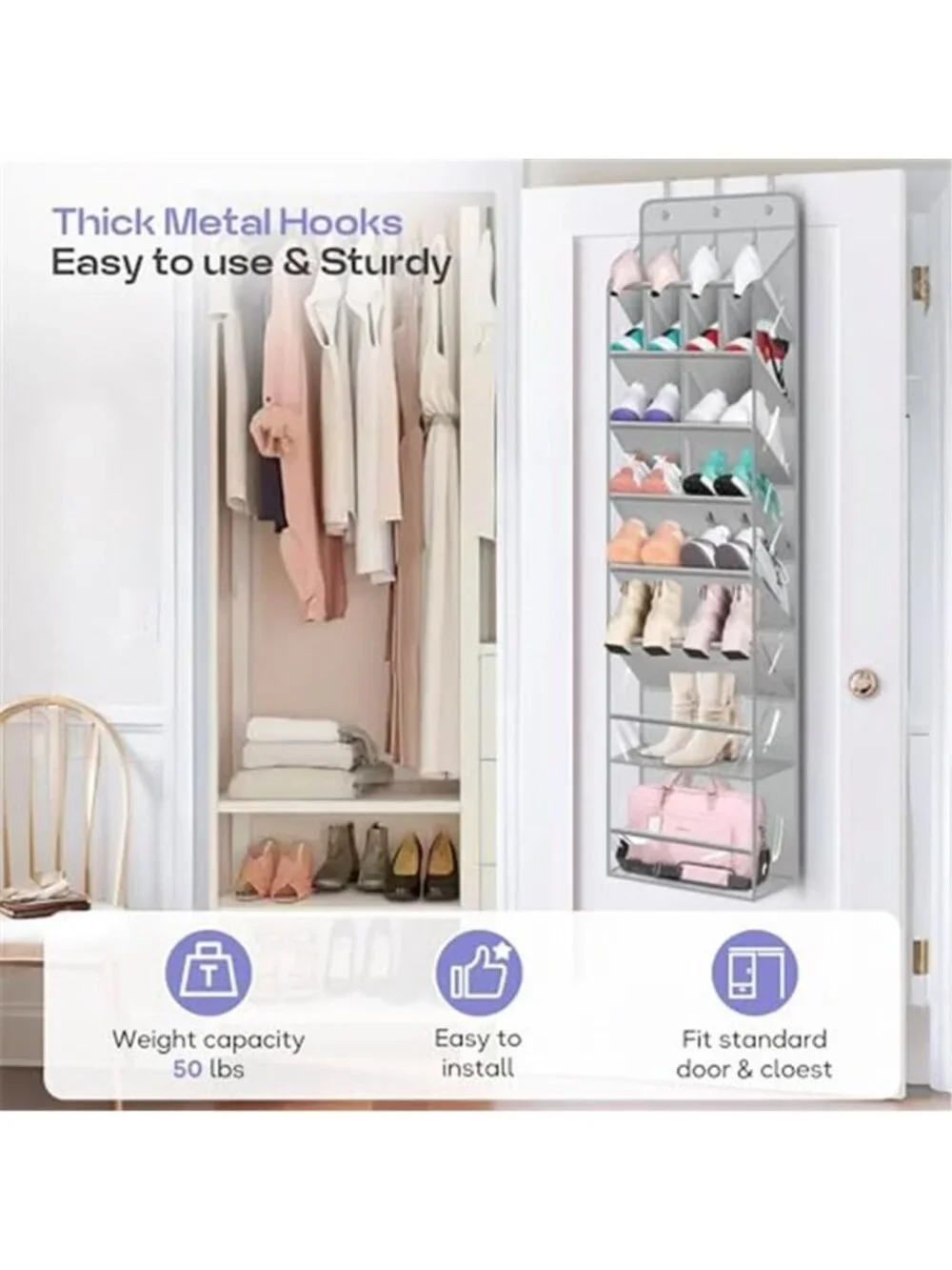 Grey Over Door Shoe Organizer Hanging Storage Rack Boots Closet 20 Pair